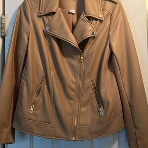 Chico's Tan Leather Moto Jacket with Gold Zipper
